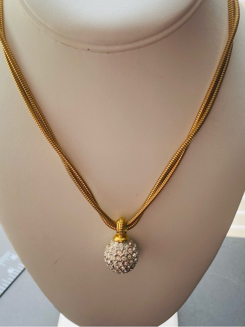 Swarovski Vintage Rhinestone Orb Ball on Double Snake Chain Necklace Pre-Owned